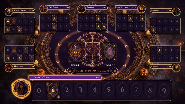 A full eight-player table on a wide screen.