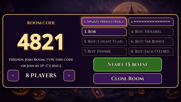 The host's room screen showing a big 4-digit room code, the joined players and bot seats.