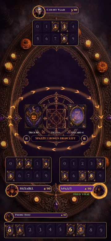 The same online game on a phone in portrait: opponents above, your own board at the bottom.