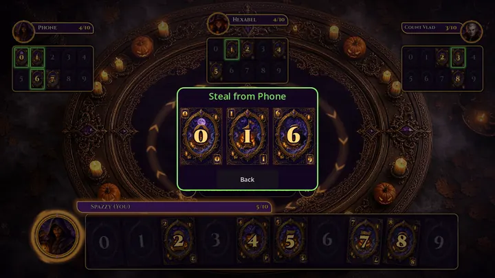 A Steal card in play: glowing cards on opponents' boards show what can be stolen.